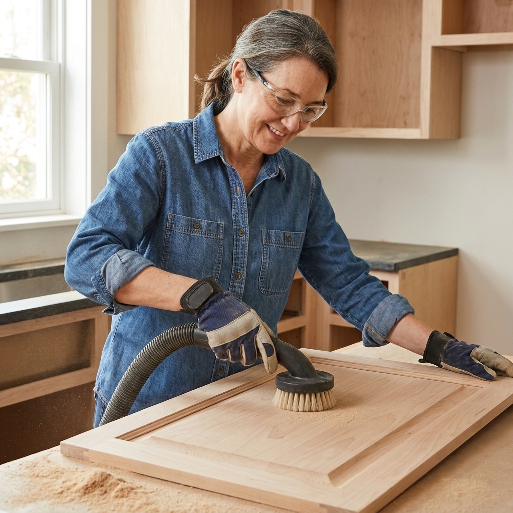 A shop vacuum hose with a soft brush attachment being used to clean sanding dust from a cabinet door profile in a kitchen