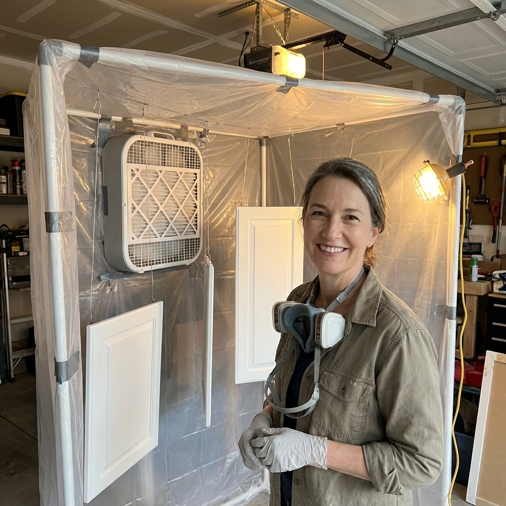 A simple DIY spray area in a garage made with plastic sheeting walls, a box fan with a filter, and cabinet doors hanging to dry