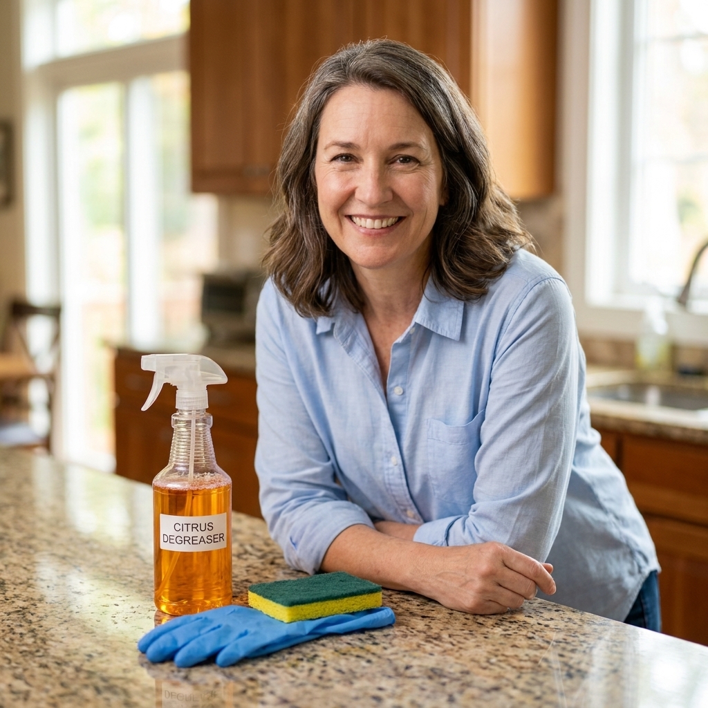 A spray bottle of citrus degreaser on a kitchen counter next to nitrile gloves and a non-scratch scrubbing pad