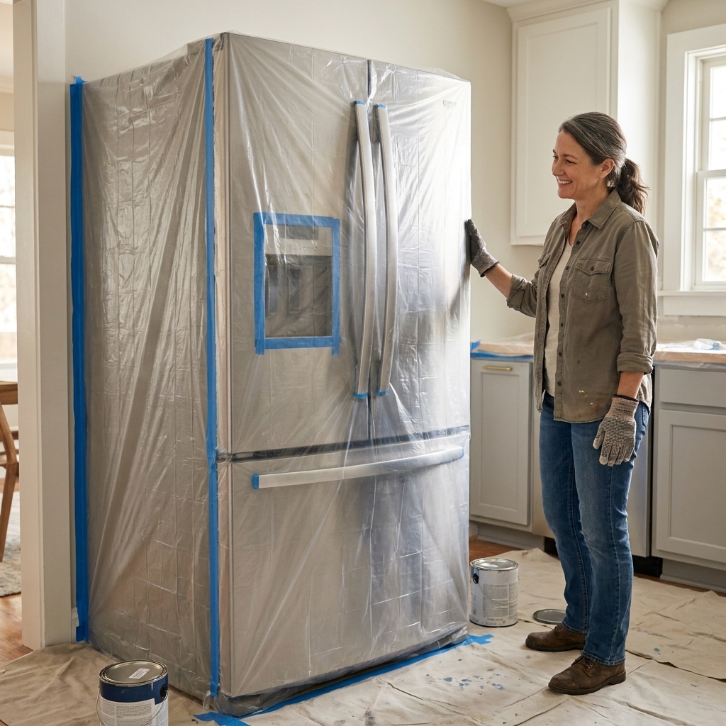 A stainless steel refrigerator fully covered with clear plastic sheeting taped along the edges to protect it from paint splatter