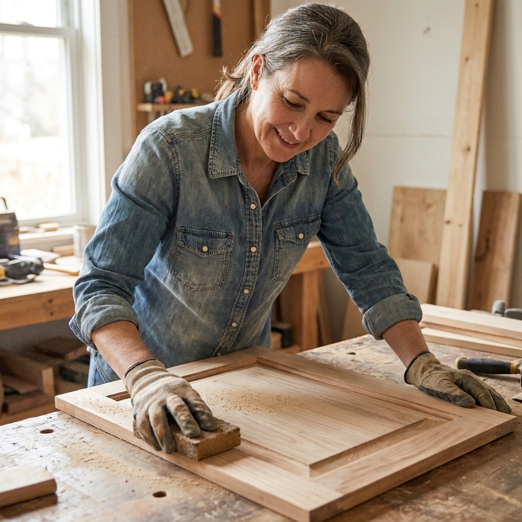 A stripped cabinet door being lightly sanded with a sanding sponge on a workbench, showing clean bare wood with visible grain