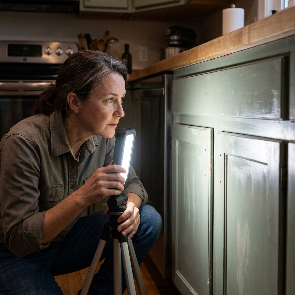 A tripod LED work light positioned in a kitchen shining low across painted lower cabinets to highlight surface texture