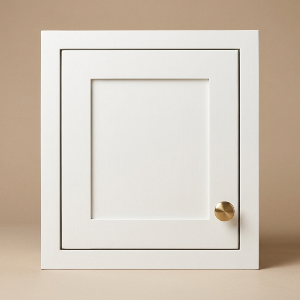A white shaker cabinet door with a brass knob placed near the lower corner, showing clean alignment with the door frame