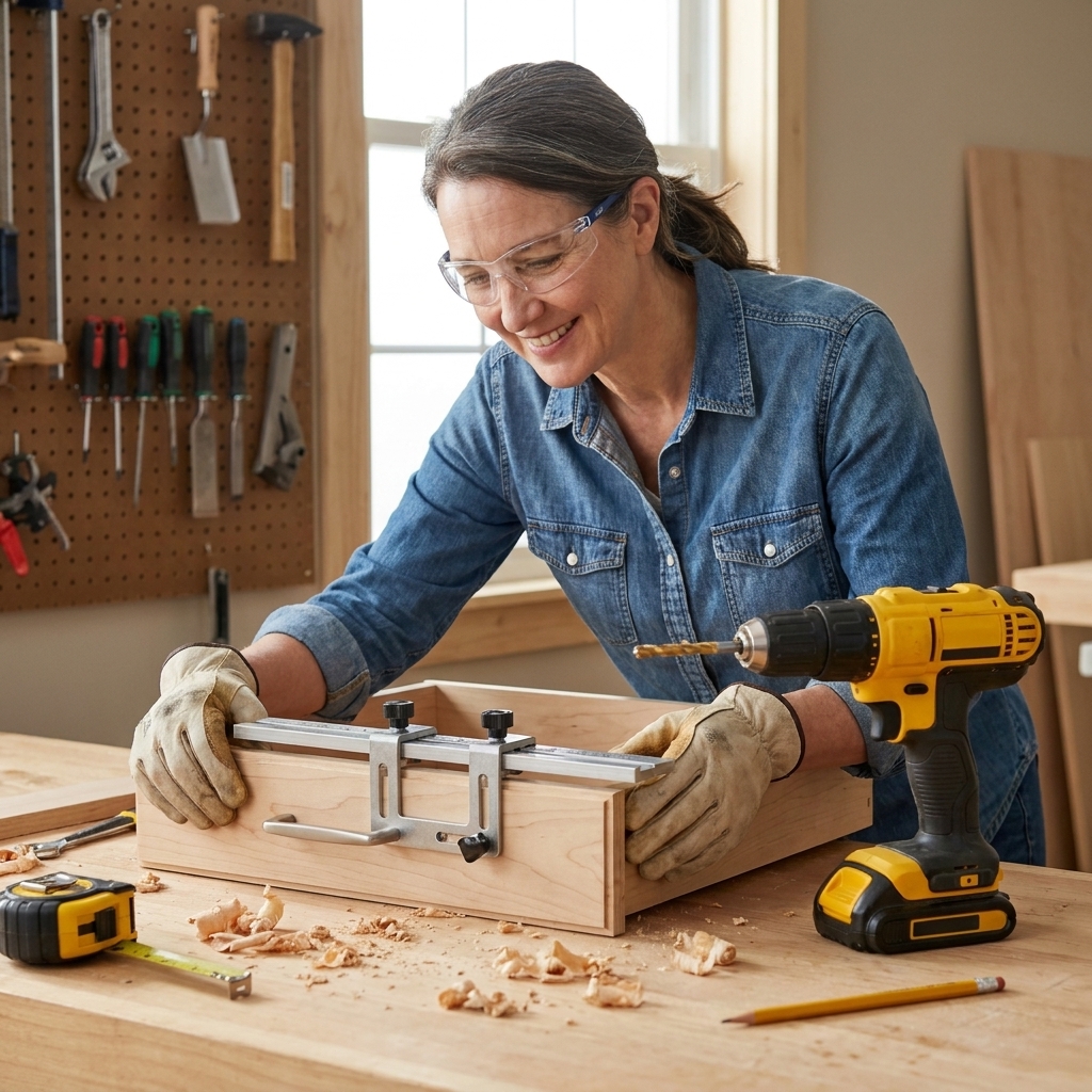 An adjustable cabinet hardware jig sitting on a workbench with measurement stops set and a cordless drill nearby, ready to drill holes for a drawer pull