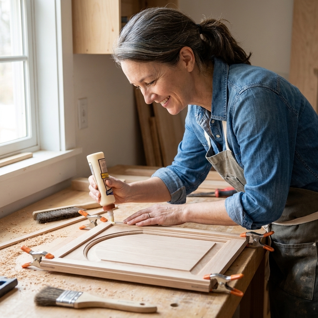 An arched cabinet door on a workbench with thin trim pieces glued into a square Shaker-style frame; clamps hold the trim in place