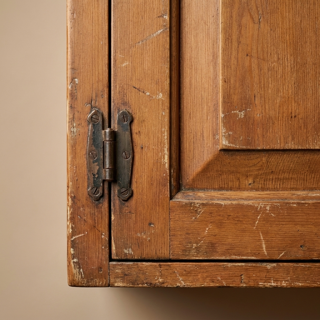 An older kitchen cabinet door with a visible exposed hinge mounted on the outside edge