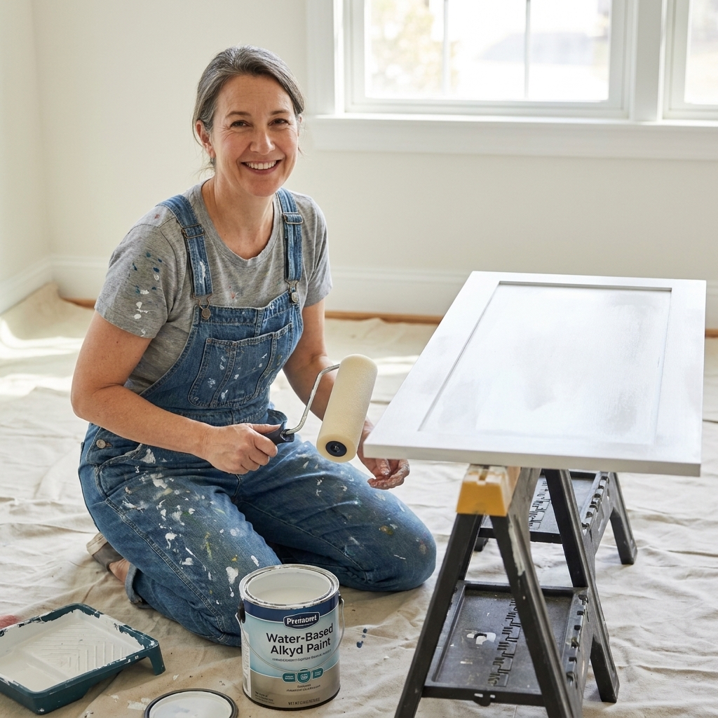 An open can of water-based alkyd paint on a drop cloth beside a primed cabinet door and a high-density foam roller
