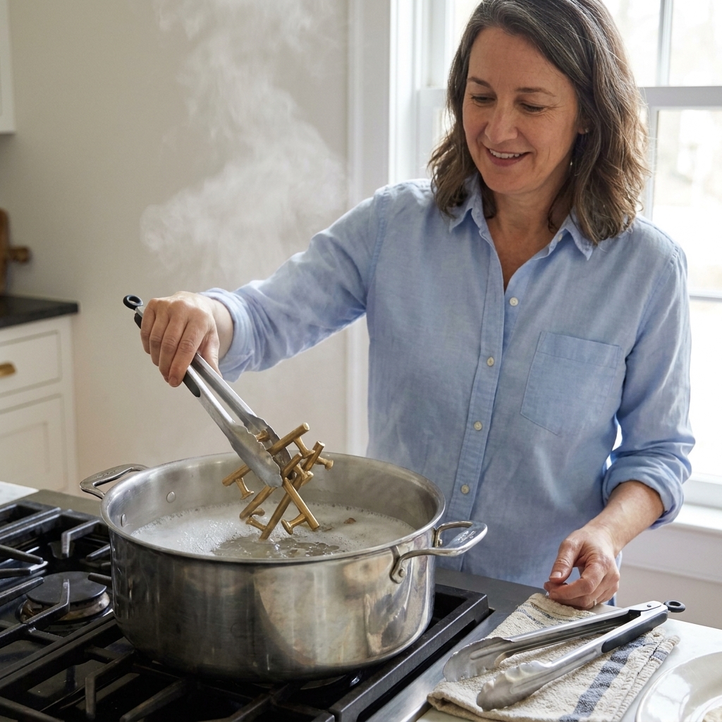 Brass cabinet pulls simmering in a large pot on a stovetop with soapy water, with tongs resting nearby for safe removal