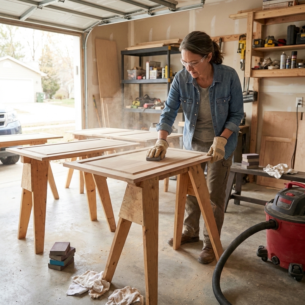 Cabinet doors laid flat on sawhorses in a garage workspace, with sanding sponges, rags, and a vacuum nearby