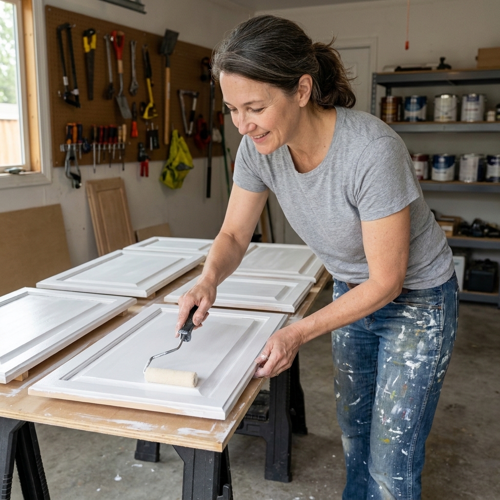 Cabinet doors laid flat while a mini roller applies white primer evenly across the surface in a garage workspace