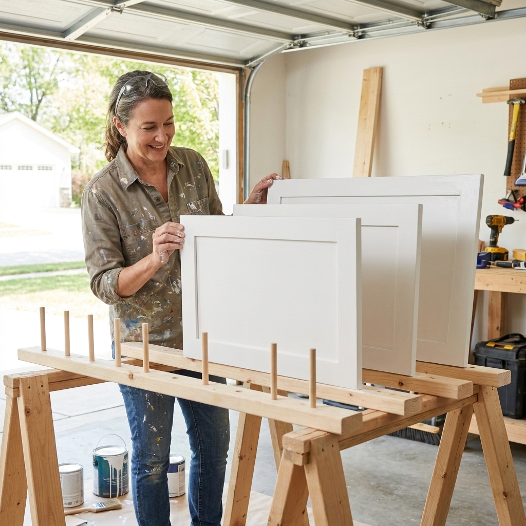 Cabinet doors standing upright in evenly spaced slots on a DIY drying rack made from sawhorses and 2x4 rails in a garage