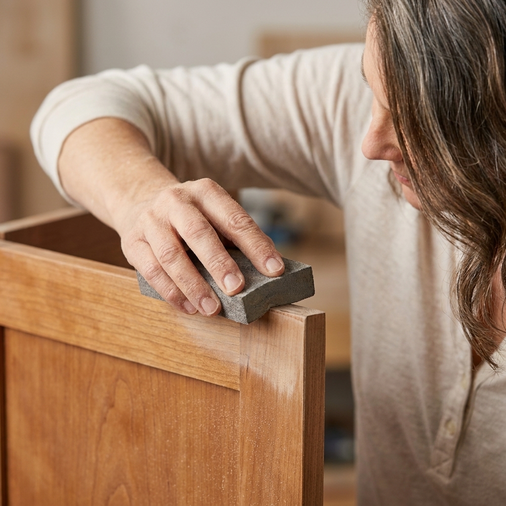 Close-up of a hand using a sanding sponge on the edge of a cabinet door to dull the finish before priming