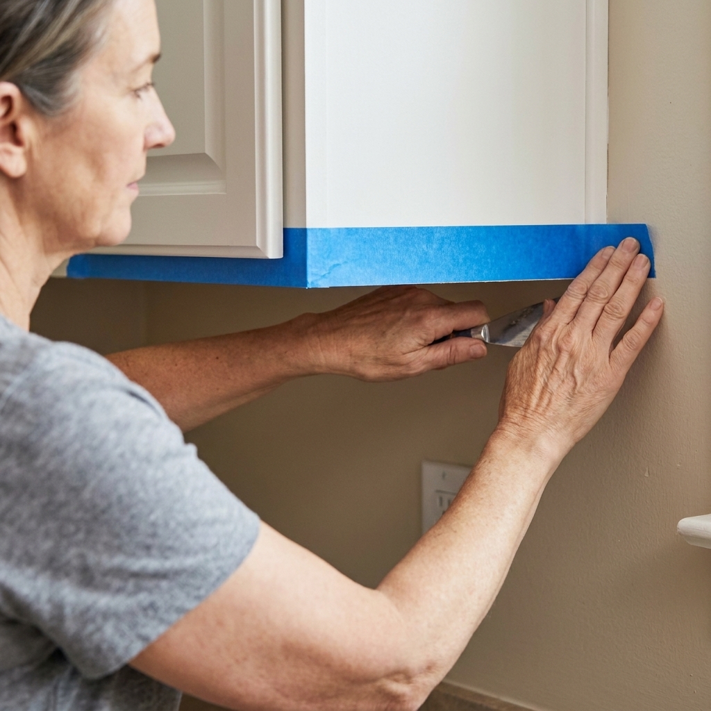 Close-up of painter's tape applied along the edge where upper cabinets meet the wall area, pressed down firmly for a clean paint line