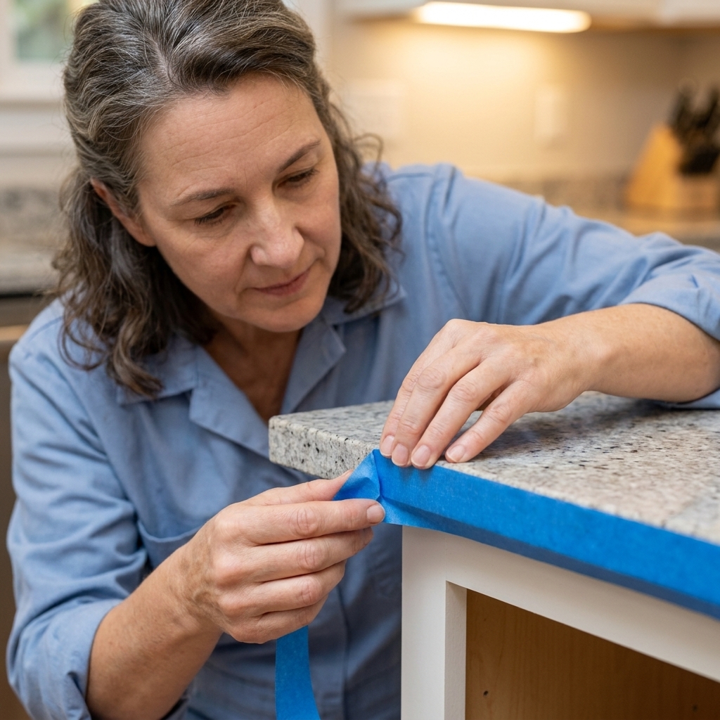 Close-up of painter's tape applied on a countertop right along the edge where the base cabinet frame meets the counter, creating a straight paint boundary
