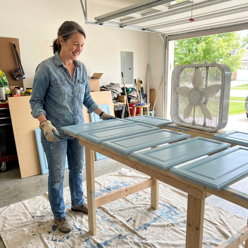 Freshly painted cabinet doors drying on a simple horizontal rack in a garage with good airflow and drop cloths underneath