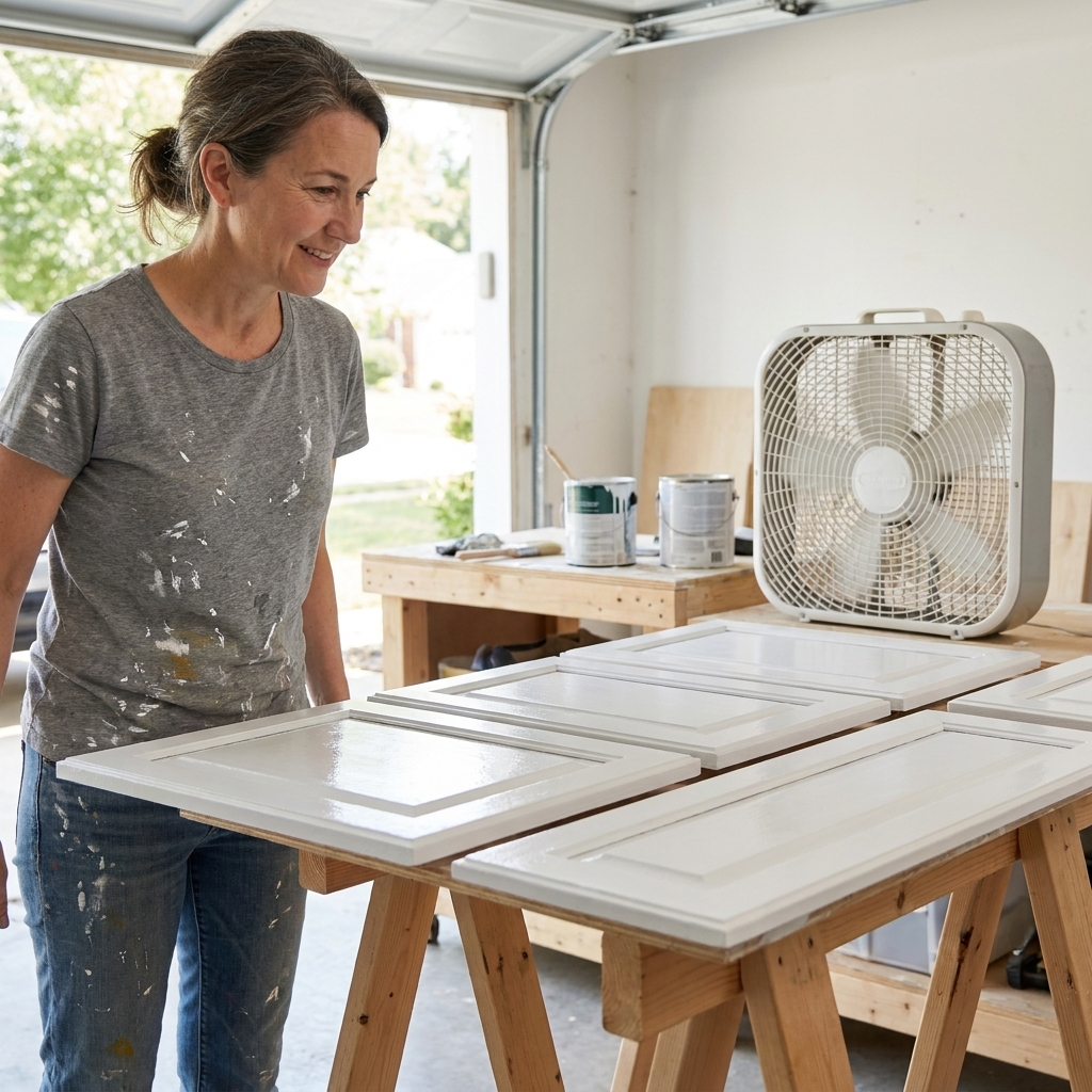Freshly painted cabinet doors laid flat on sawhorses in a garage, drying evenly with good airflow