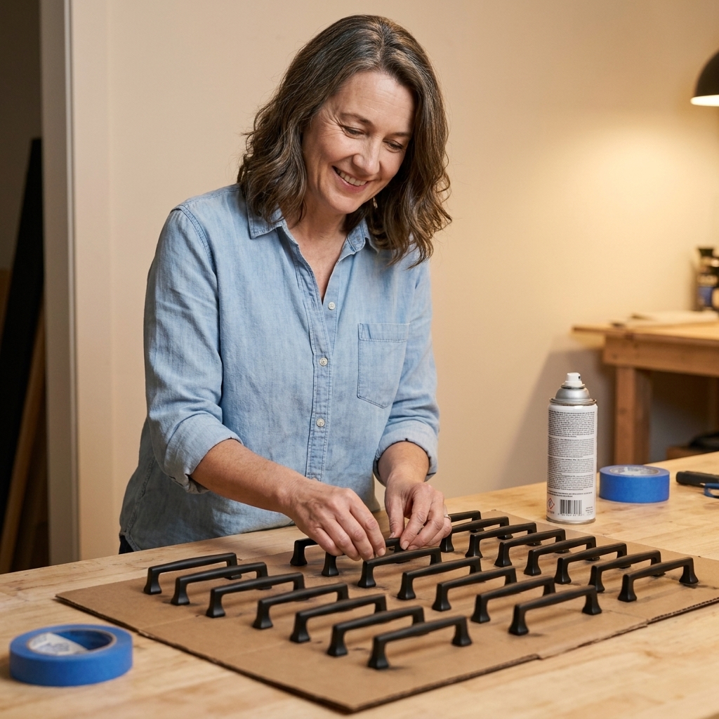Freshly painted cabinet pulls drying on a workbench, each piece spaced apart to prevent sticking while the finish sets