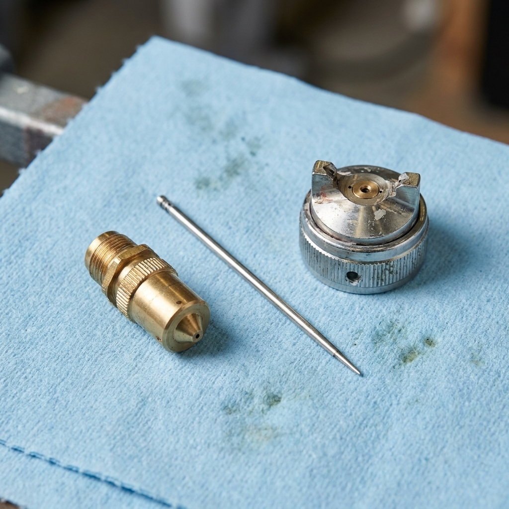 HVLP spray gun needle and nozzle components laid out on a clean shop towel