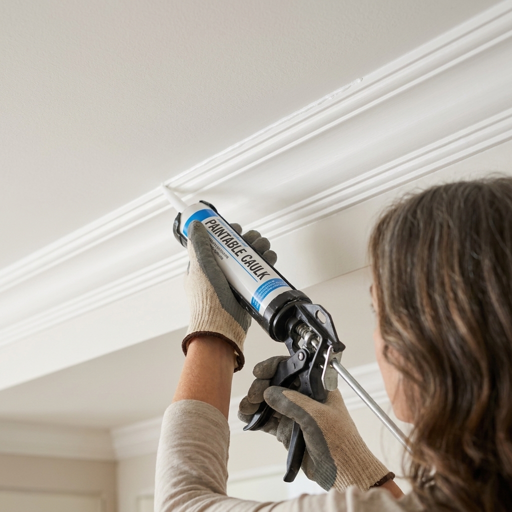 Hands applying a thin bead of paintable caulk along the joint where cabinet crown molding meets the ceiling