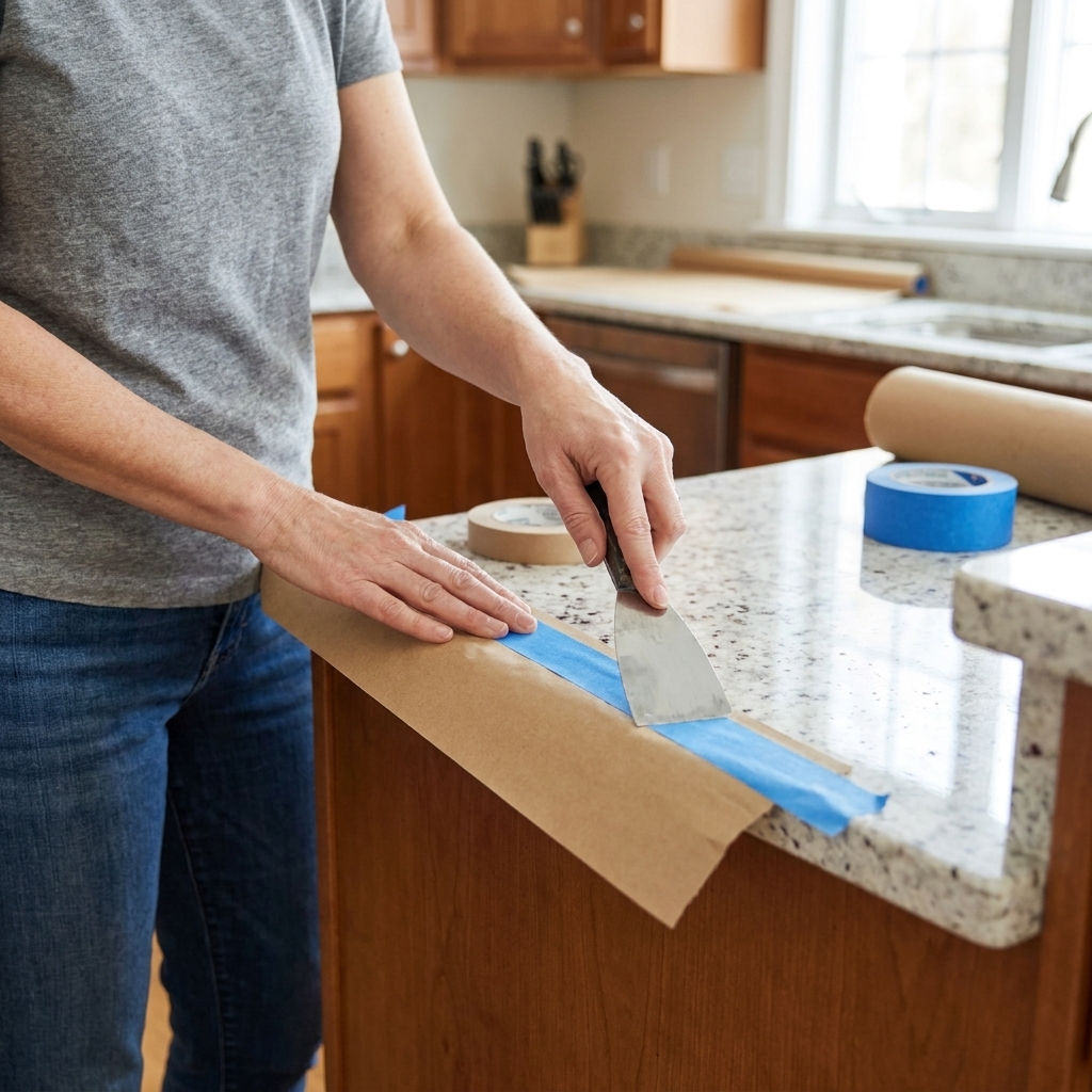 Hands applying masking paper along a kitchen countertop edge using painter's tape, with a putty knife pressing the tape down for a tight seal