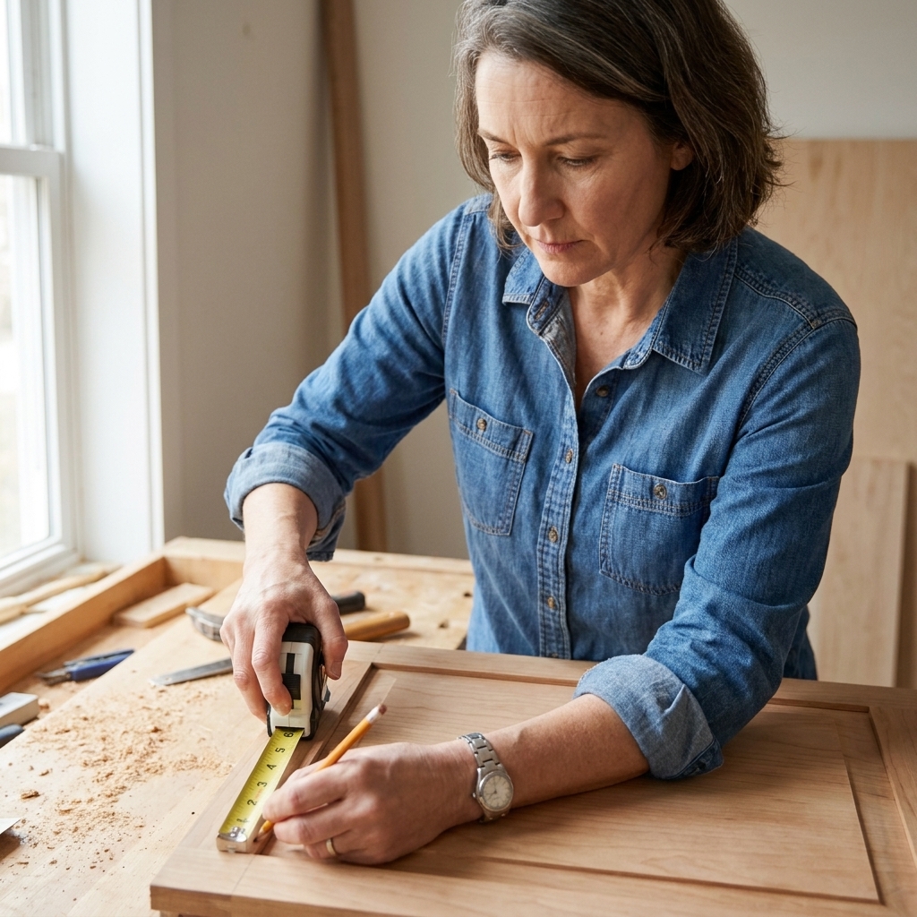 Hands measuring and marking hinge placement on the back of a cabinet door with a tape measure and pencil