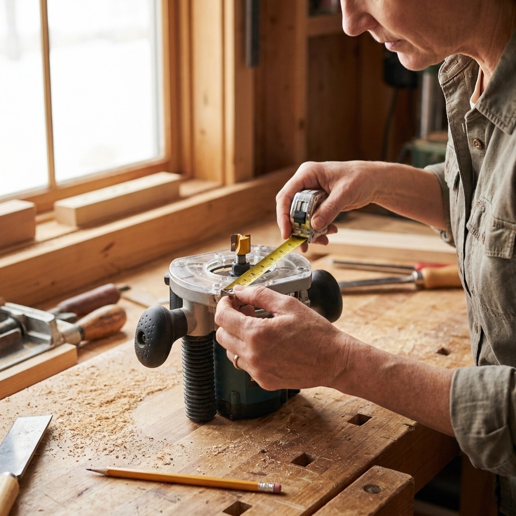 Hands measuring the distance from a router bit to the edge of the router base with a tape measure on a workbench