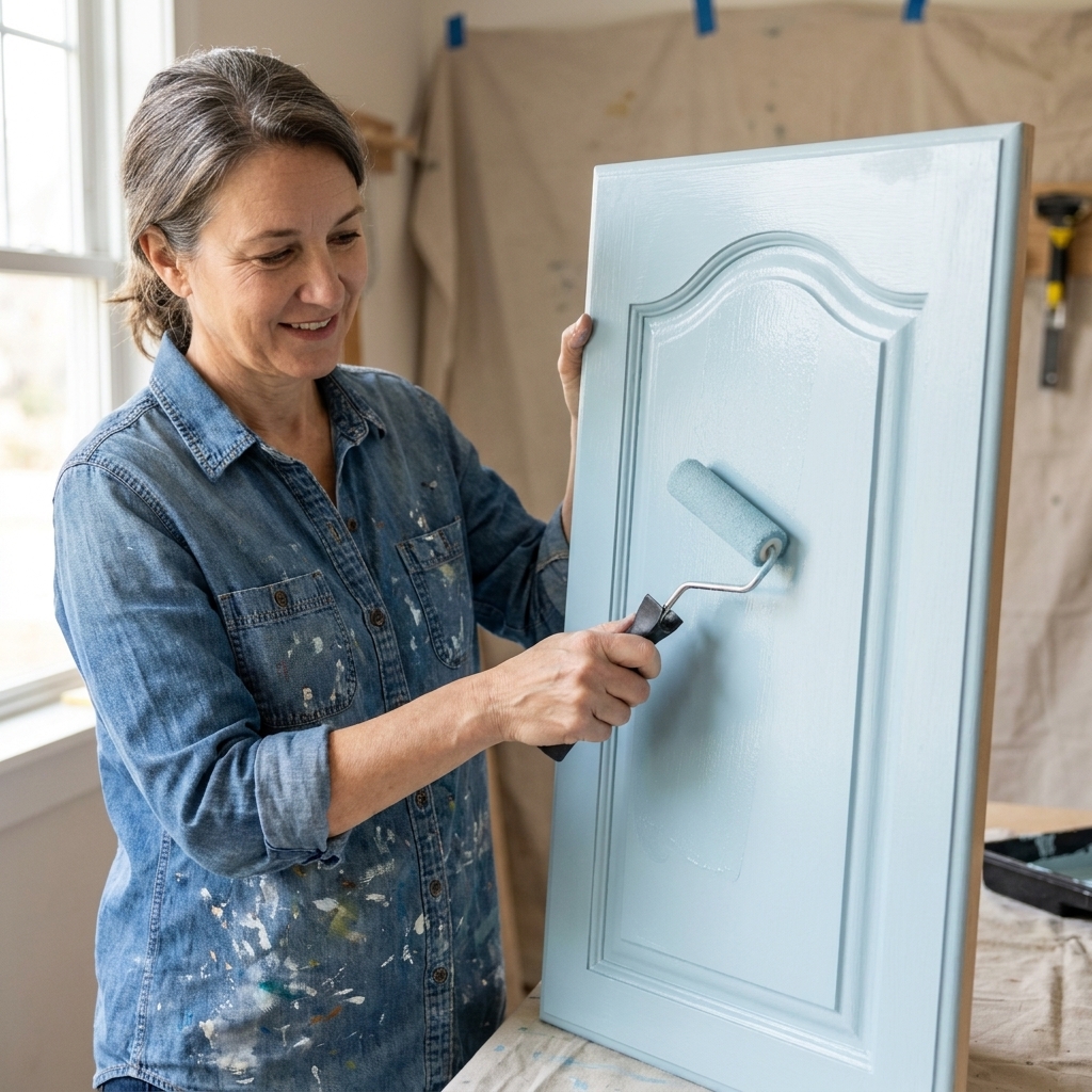 Hands painting the center panel of an arched cathedral cabinet door with a small foam roller; fresh paint covers the routed detail