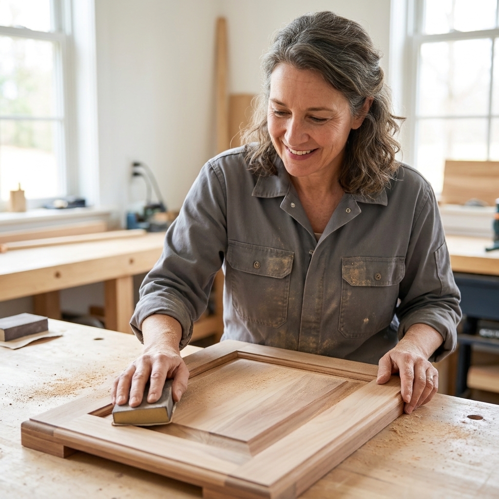 Hands sanding a repaired cabinet door panel with a sanding block, fine dust visible on the surface in a well-lit workshop