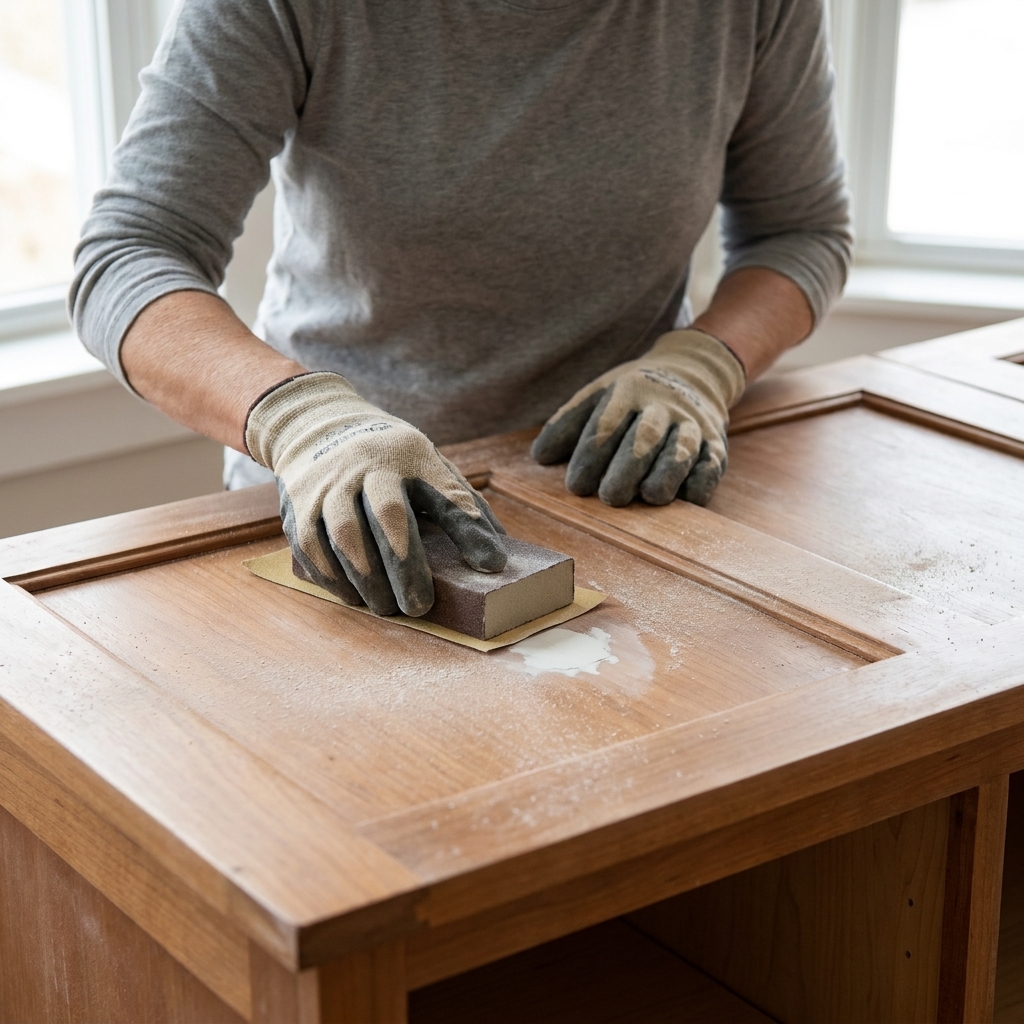 Hands sanding a small filled spot on a cabinet door with a sanding block, fine dust visible on the surface