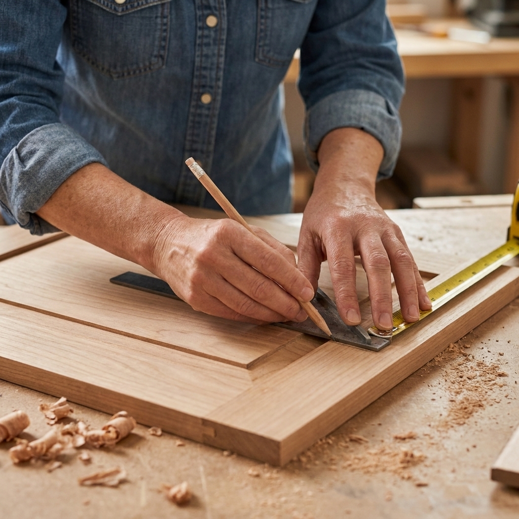 Hands using a tape measure and pencil to mark an inset line on a flat cabinet door, with a square tool keeping the line straight