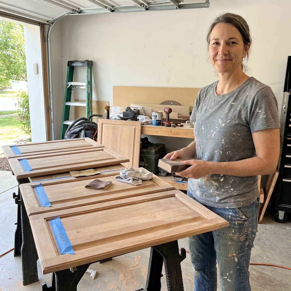 Kitchen cabinet doors laid flat on sawhorses in a garage workspace, prepped for painting with sanding supplies and labeled tape on the hinge side
