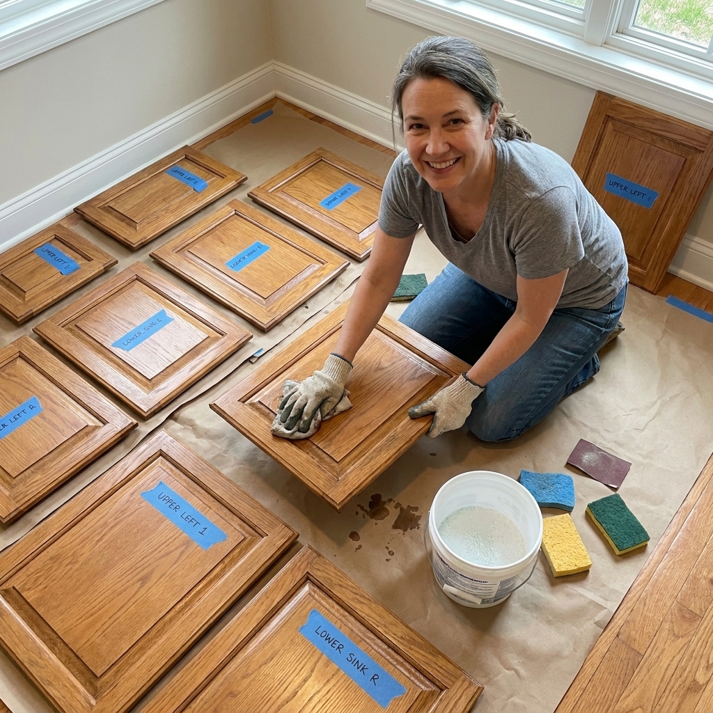 Kitchen cabinet doors laid out on a protected floor with painter’s tape labels on each door, ready for cleaning and prep