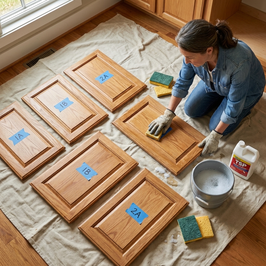 Numbered painter's tape labels on removed kitchen cabinet doors laid flat on a drop cloth, ready for cleaning and prep