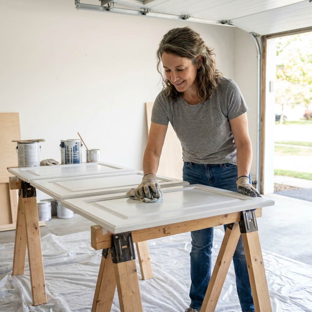 Paint-prep setup with removed cabinet doors laid flat on sawhorses while a person wipes them down with a damp cloth