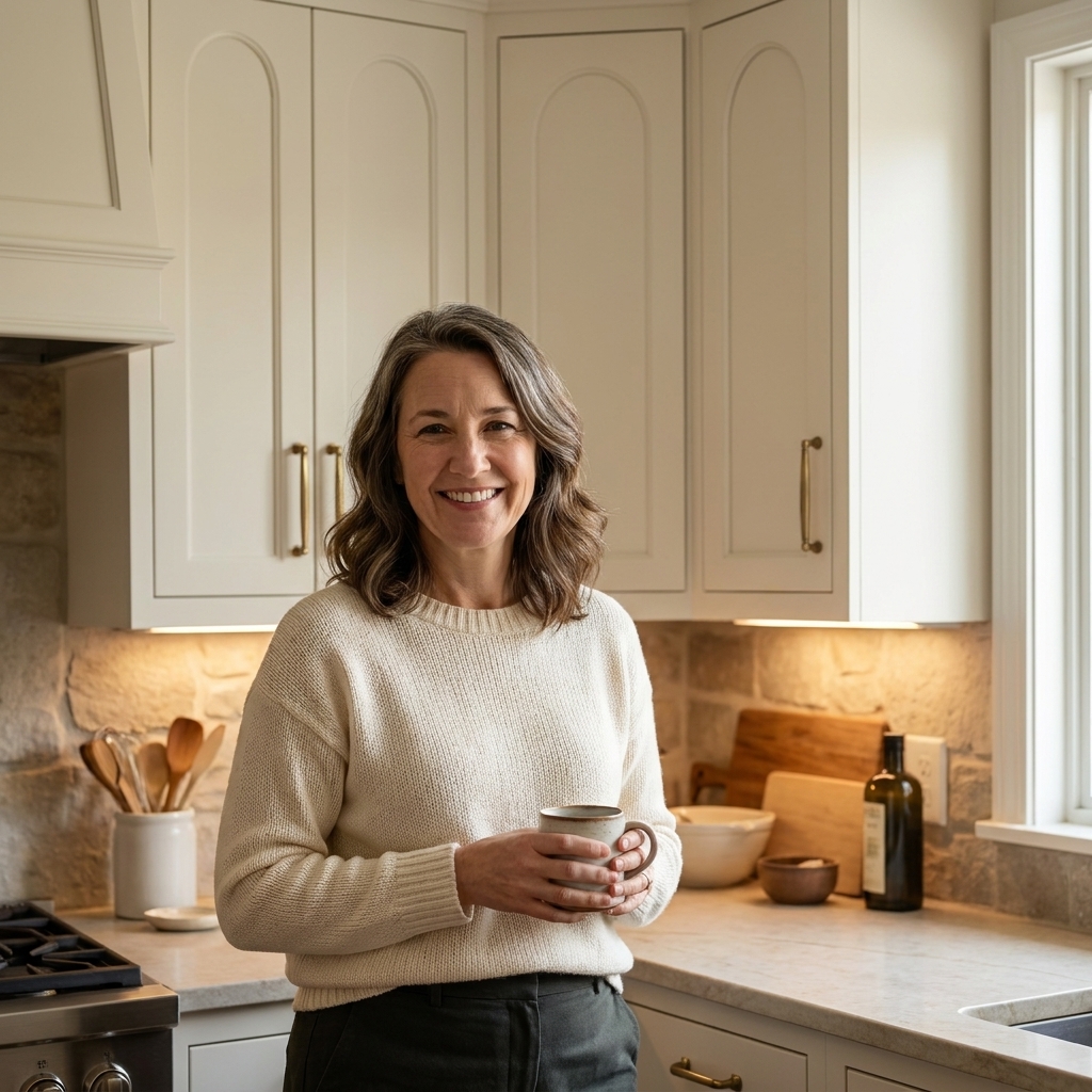 Painted arched cathedral cabinet doors in a soft warm white with brass bar pulls and under-cabinet lighting