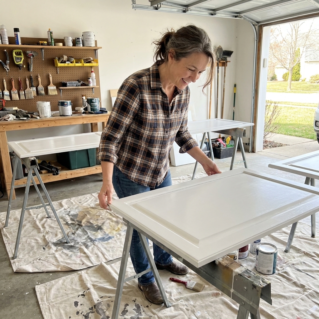 Painted cabinet doors drying flat on sawhorses in a garage with drop cloths underneath