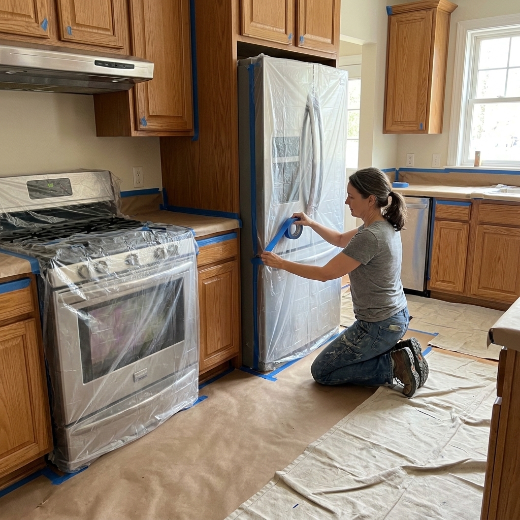 Plastic sheeting taped over a kitchen refrigerator and stove while surrounding floors are protected with paper and canvas during cabinet painting prep
