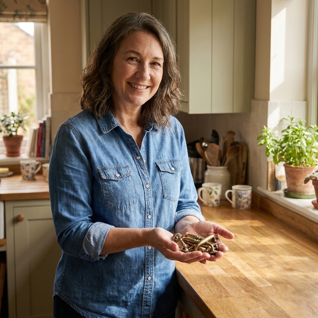 Sarah Jenkins holding a small set of vintage-style cabinet pulls in her hands at a kitchen counter
