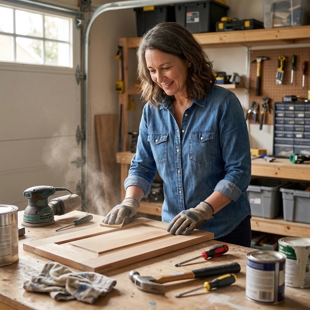 Sarah Jenkins lightly sanding a cabinet door on a workbench in a garage workspace with basic DIY tools nearby