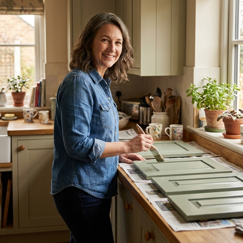 Sarah Jenkins standing in a warm, lived-in kitchen beside freshly painted cabinet doors laid out to dry on a work surface