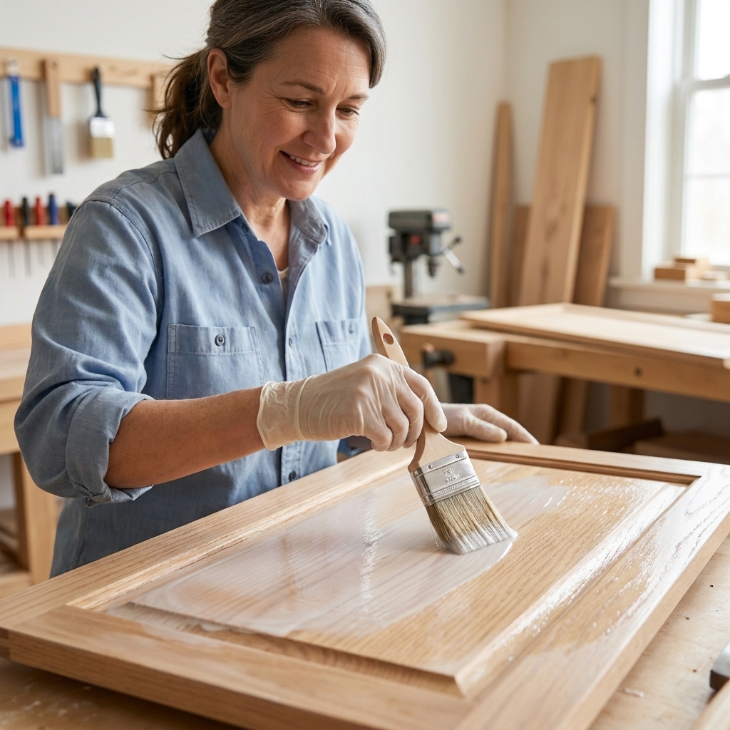 Shellac-based primer being brushed onto an oak cabinet door panel, with the wood grain faintly visible beneath the wet primer